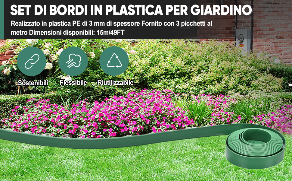 Bordo Giardino Flessibile con Chiodi di Fissaggio, Bordi Aiuole Plastica, 20m, Verde | Leroy Merlin