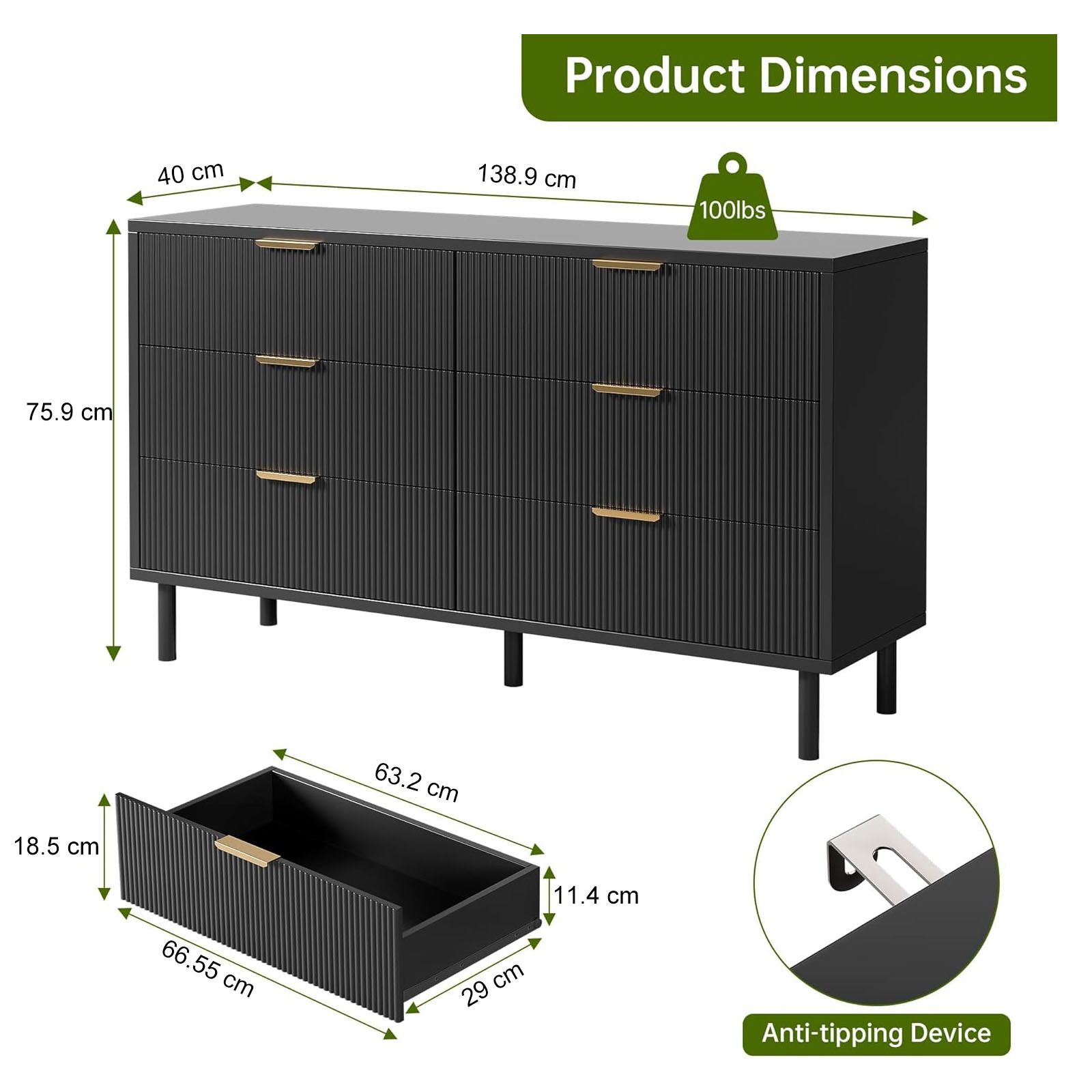 Commode noire moderne 6 tiroirs lignes ondulées