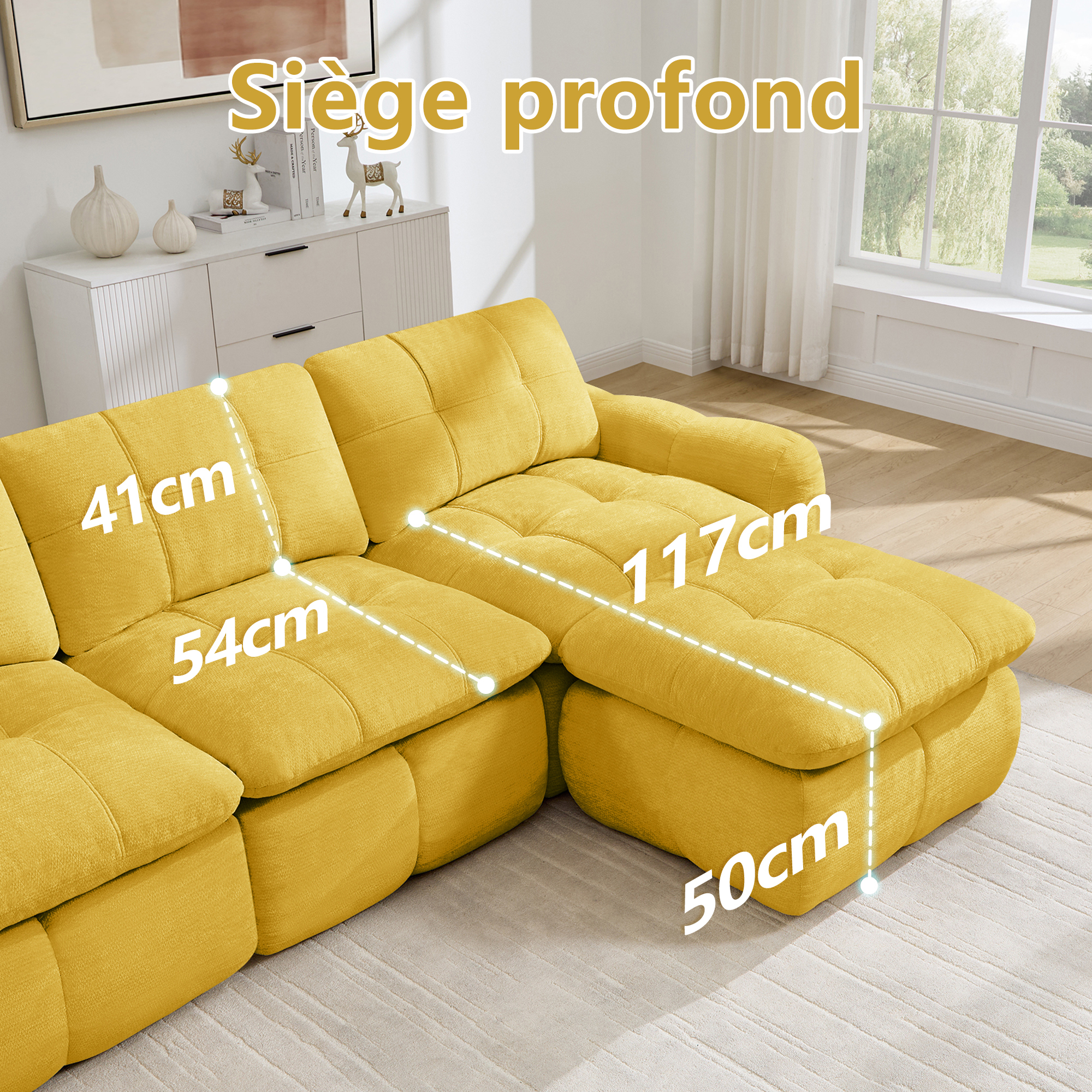 Dimensions du canapé modulable 3+1 places en chenille jaune