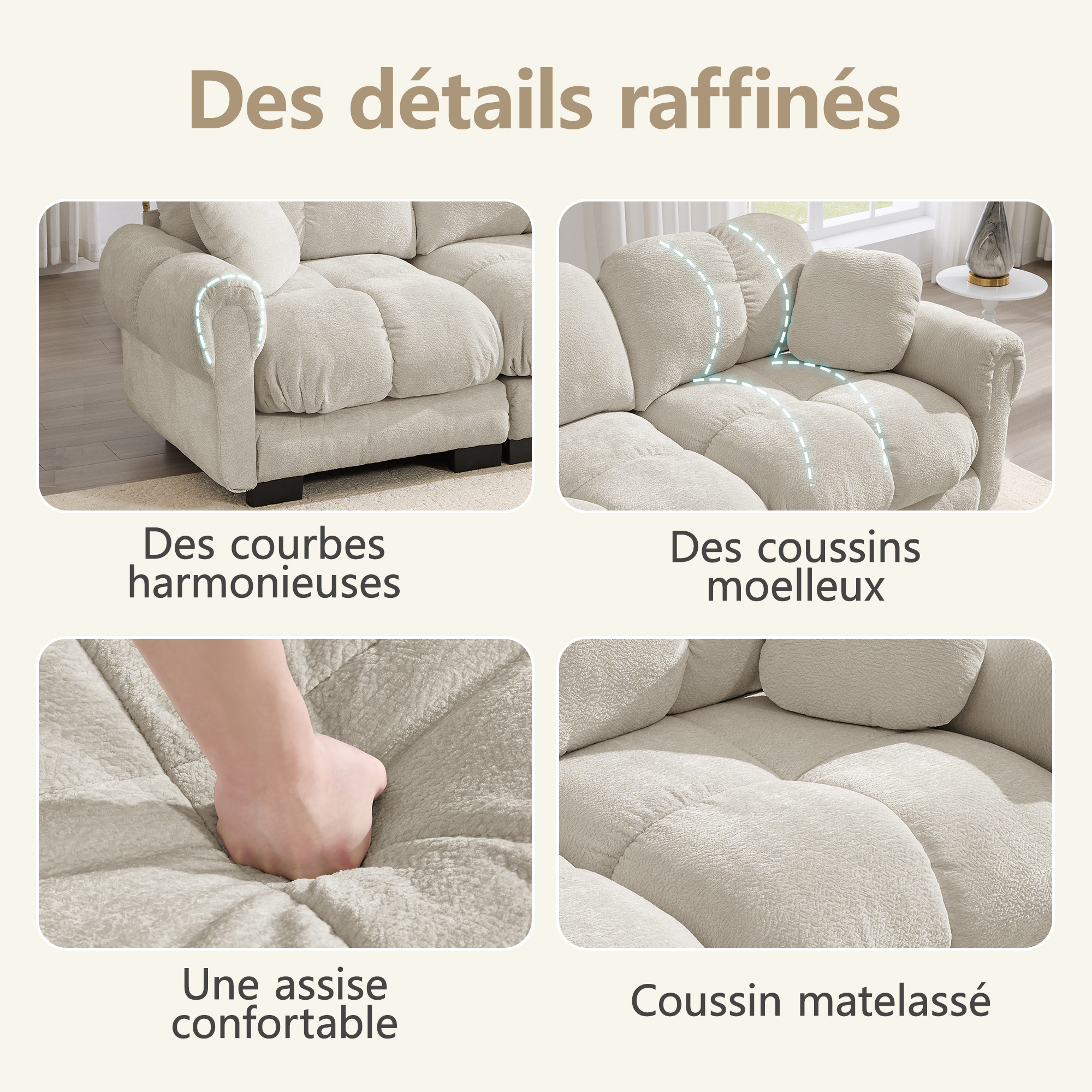 Coussins matelassés et lignes courbes du canapé modulable