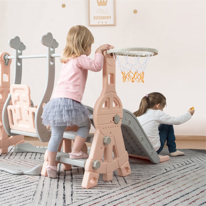 Toboggan Pour Enfants 4 En 1 - Convient Pour L'intérieur Et L'extérieur - Avec Balançoire, Panier De Basket, Toboggan, échelle - Rose -Pas Cher Clair Jardin Magasin