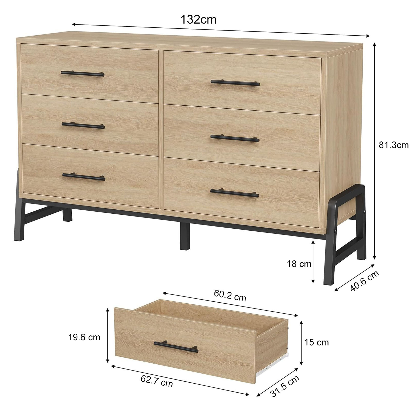 Commode 6 tiroirs chêne naturel