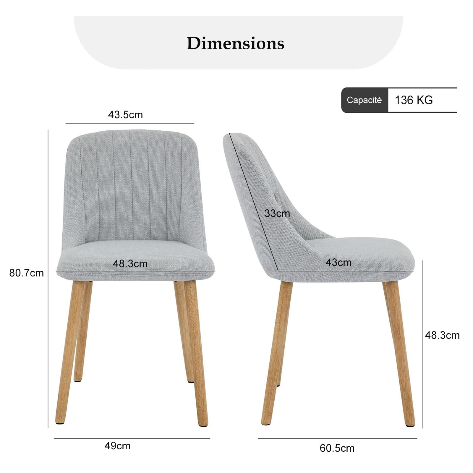 Lot de 2 chaises de salle à manger gris pieds aspect chêne