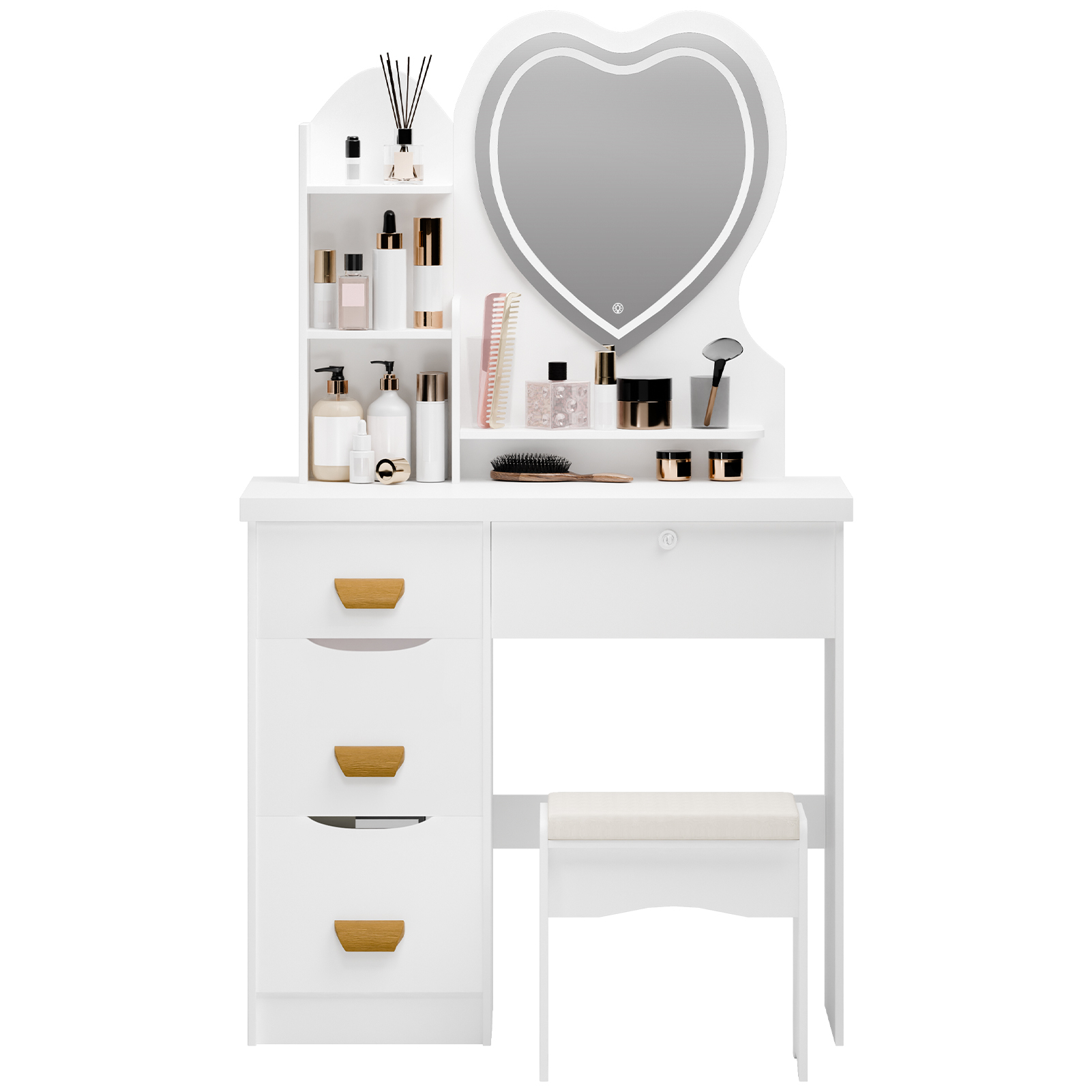 Coiffeuse avec miroir LED en forme de cœur, FLASIDU table de maquillage ...