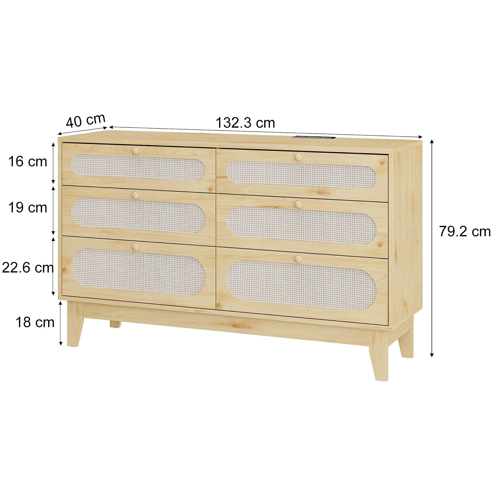 Commode 6 tiroirs rotin et chêne naturel avec ports USB