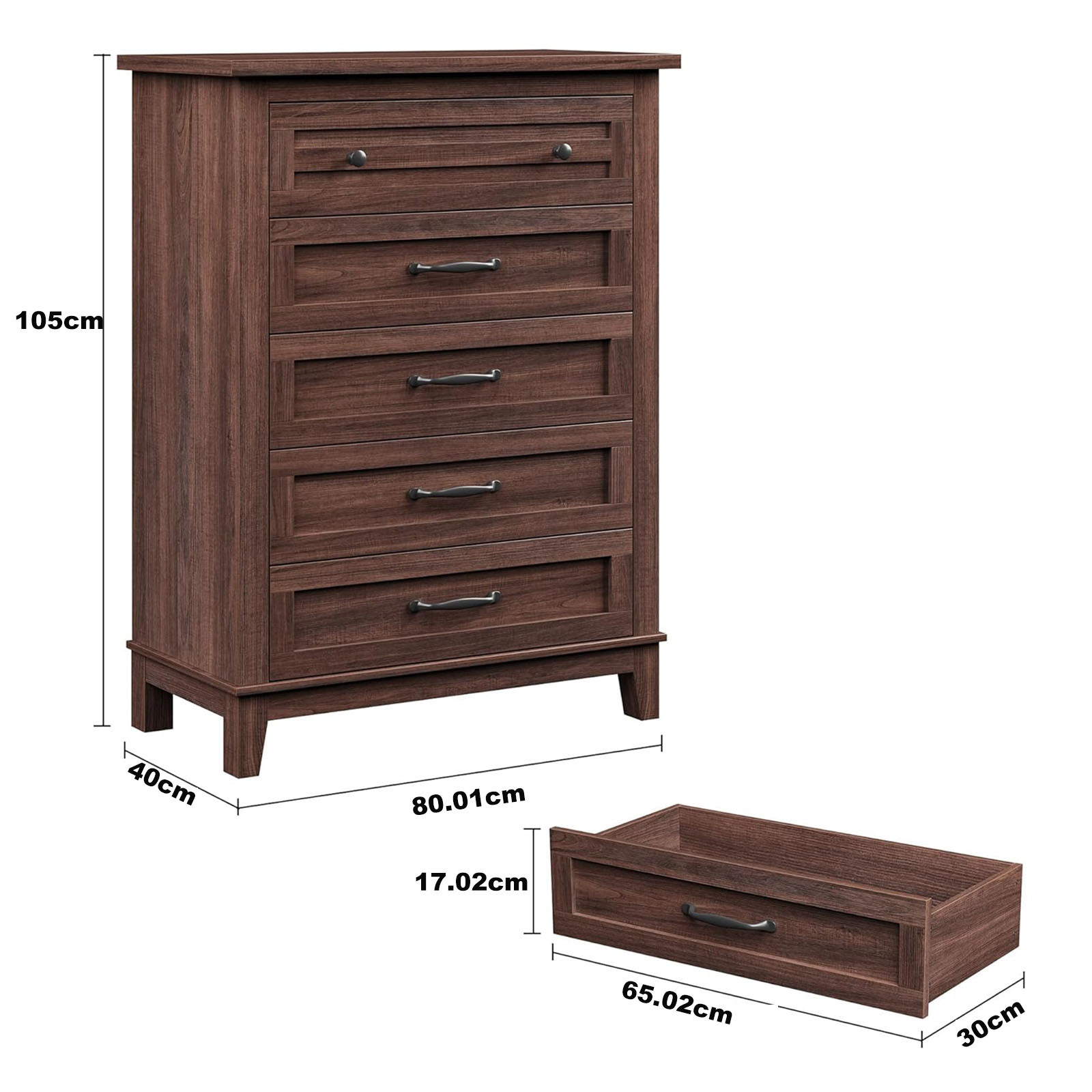 Commode haute 5 tiroirs marron finition bois