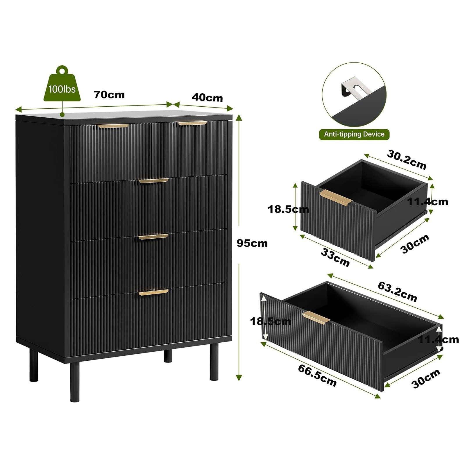 Commode noire 5 tiroirs avec motif à vagues