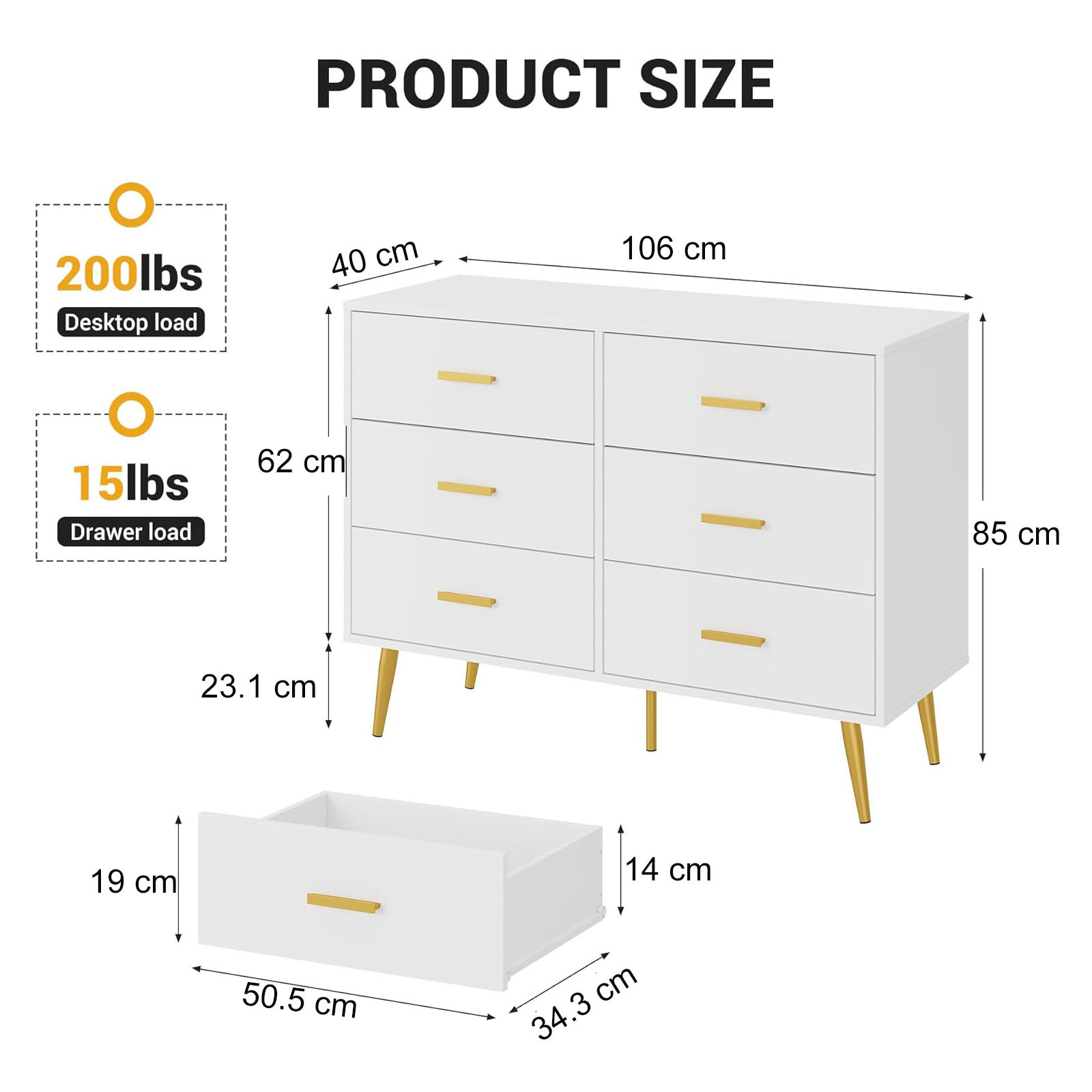 Dimensions détaillées de la commode 6 tiroirs blanche à poignées dorées