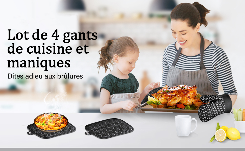 Lot De 4 Gants Et Maniques En Silicone – Résistance Jusqu’à 500°F – Antidérapants, Avec Anneau De Rangement – Couleur Beige