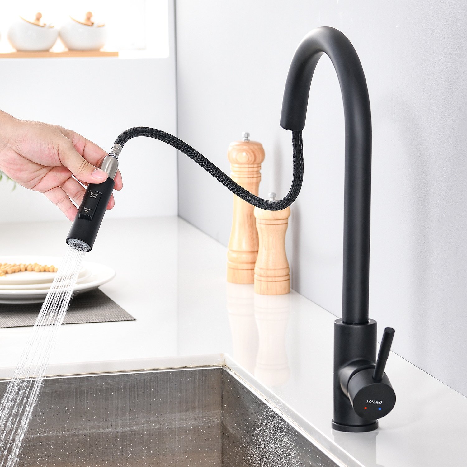 Calidad garantizada, precio adecuado, fregadero, baño moderno, cocina, grifo  de cocina negro extraíble oso de fresa Hogar