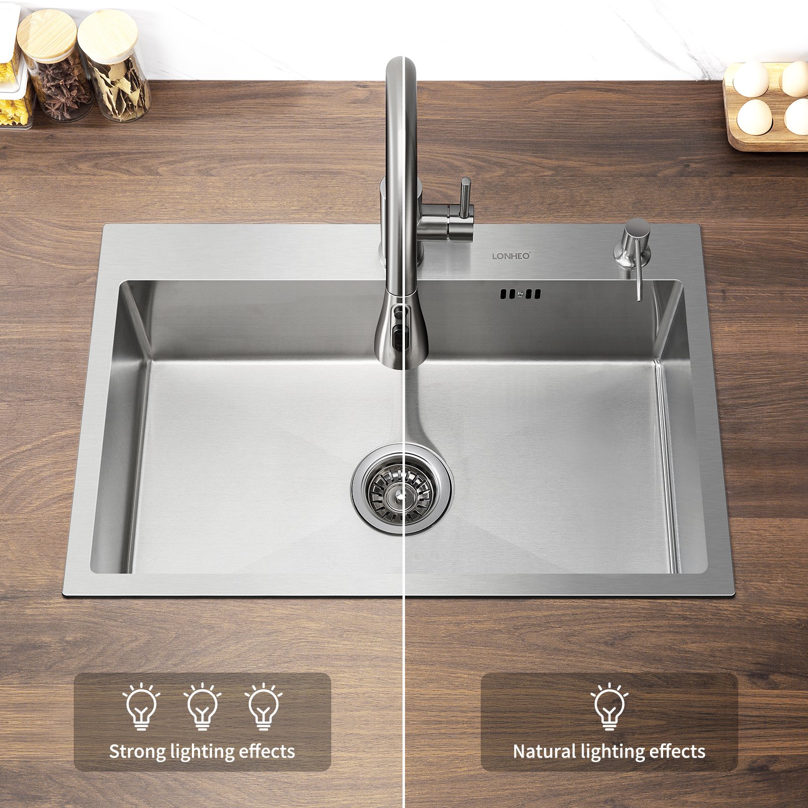 68x45cm Lavello Incasso 1 vasche Acciaio Inox Lavello da Cucina Lavandino  Cucina con dispenser per sapone, Cestello regolabile, Troppopieno e Sifone,  gris oscuro