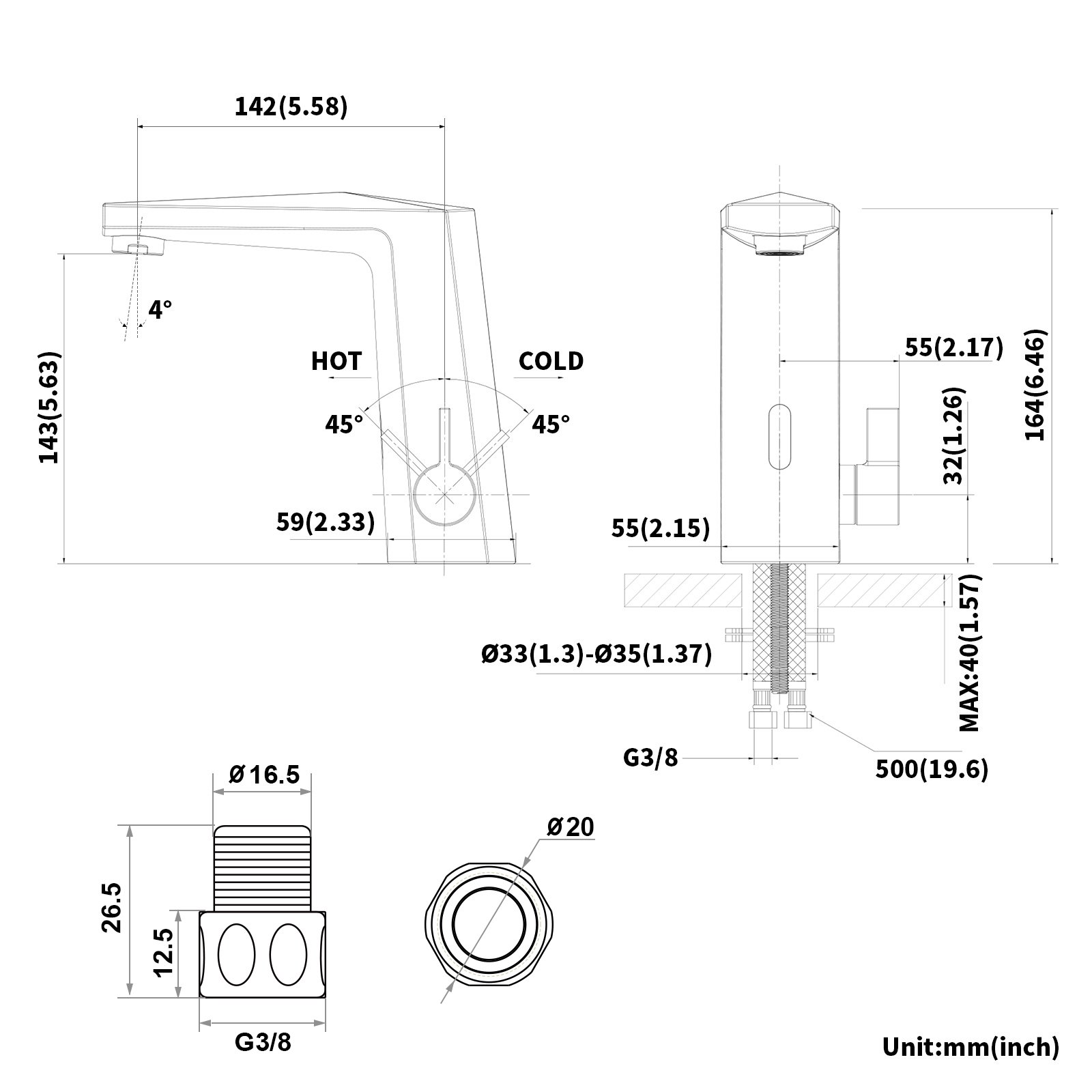 LONHEO Robinet de Lavabo Infrarouge Automatique Mitigeur à Eau Chaude et  Froide en Laiton Robinet à Capteur Infrarouge pour Vasque à Poser, Noir