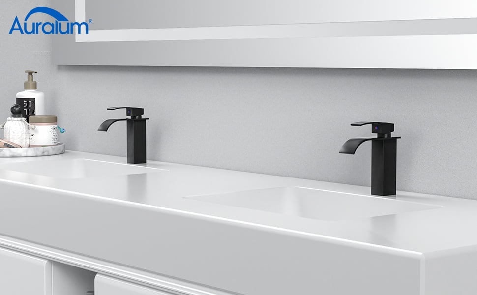 Auralum Grifo Lavabo en Cascada Negro, Grifos para Lavabos de Baño,  Grifería de Baño de Acero