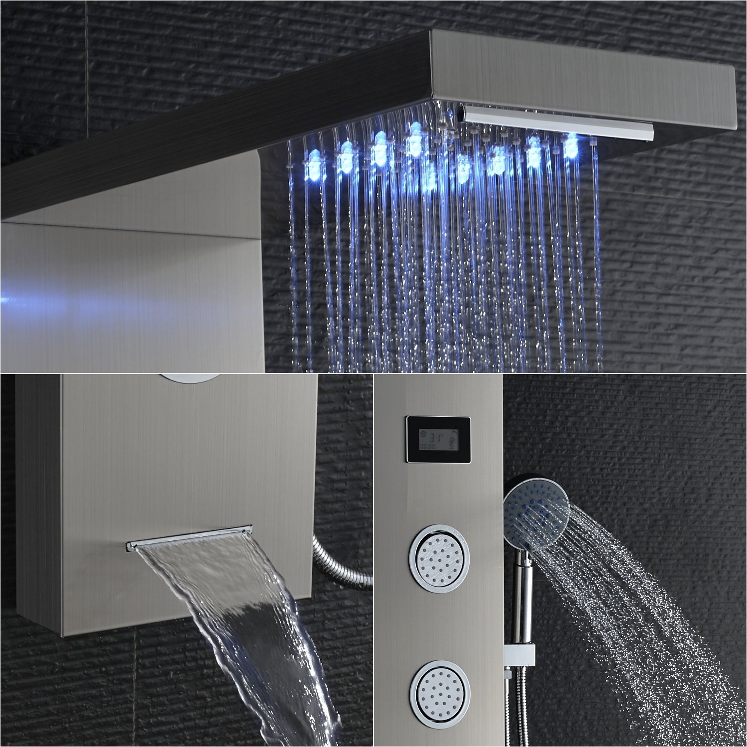 AWorddy Lot de 304 panneaux de douche hydromassage pour baignoire avec 5 en  1 fonctions LED Colonne de douche en acier inoxydable avec écran LCD,  mitigeur de baignoire de salle de bain 
