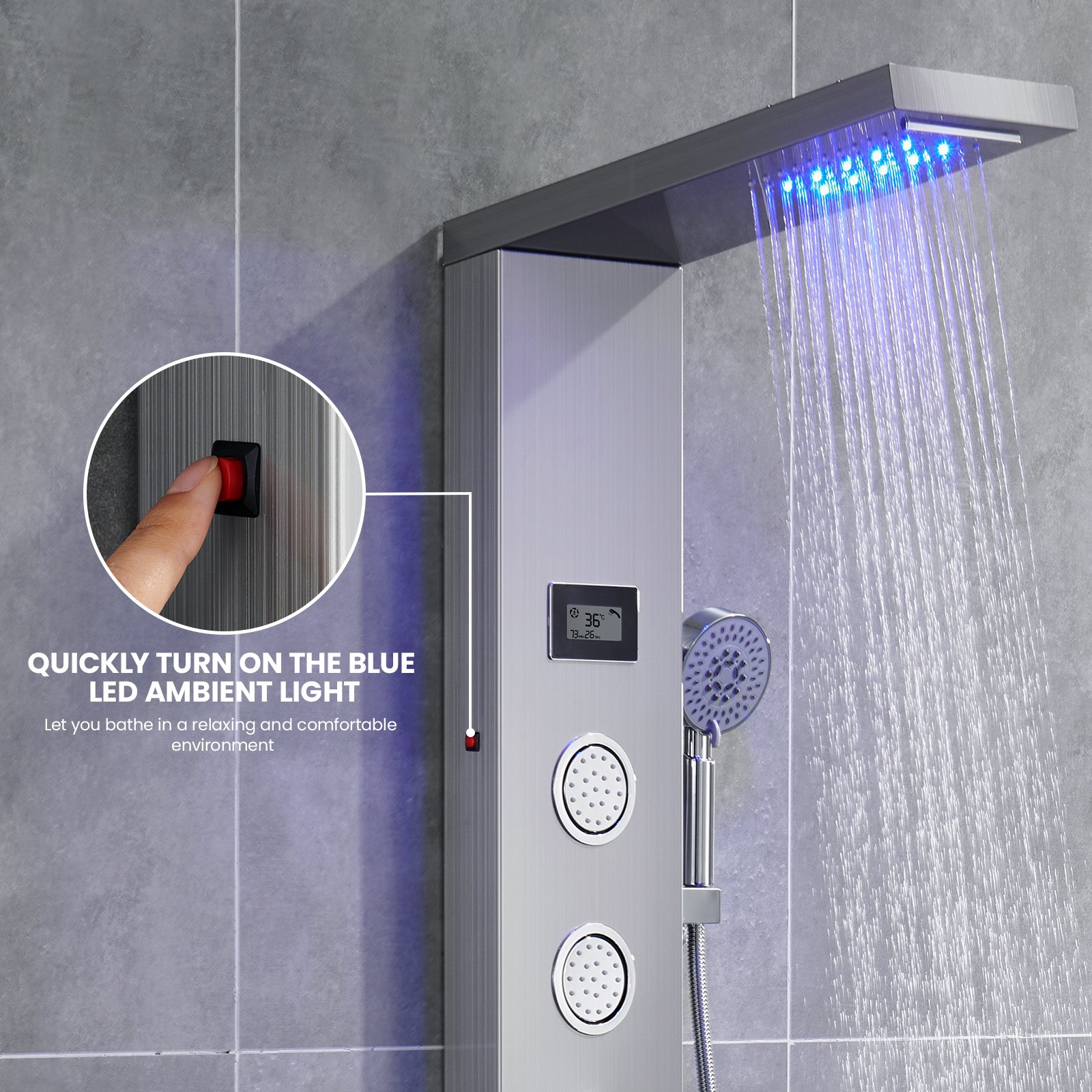 Auralum Columna Ducha Hidromasaje con luz LED y LCD, Sistema de Ducha Acero  Inoxidable 5 Función con Chorros de Masaje, Panel de Ducha para Baño :  : Bricolaje y herramientas