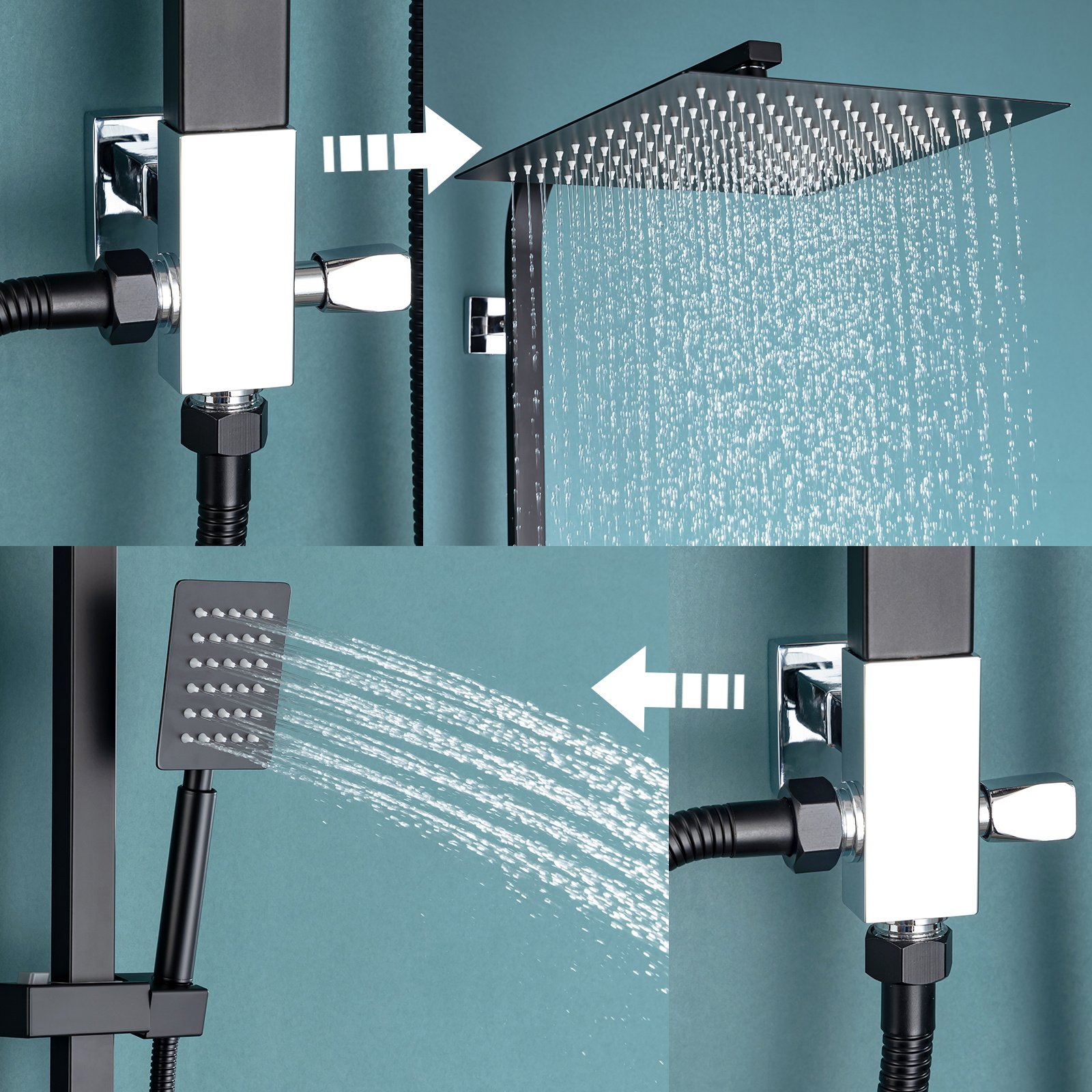 Colonne de Douche Sans Mitigeur Système Douche avec Douchette à Main/Tête  de Douche Carré 10 Pouces/Hauteur Réglable 690-1130 mm Salle de Bain，Noir