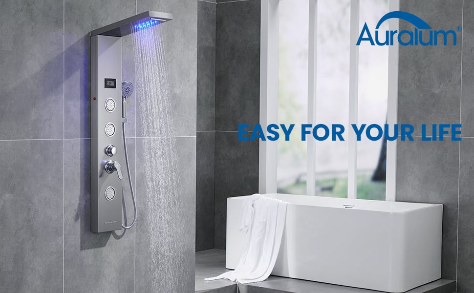 Lujoso grifo de ducha de baño cepillado con panel de ducha LED, columna de  baño, grifo mezclador con pantalla de temperatura de ducha de mano-azul