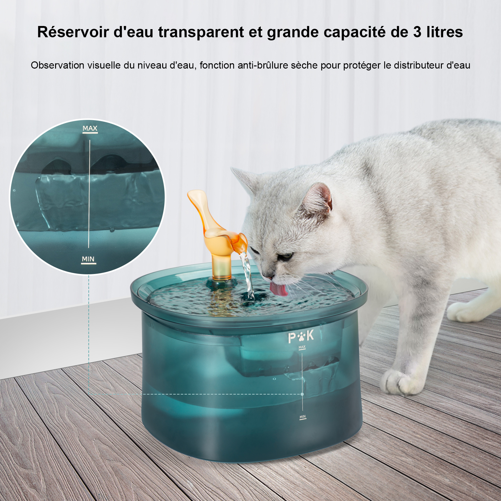 Fontaine à eau pour chat Morwealth Fenêtre LED 3 l Distributeur d'eau pour chat Avec niveau d'eau Fontaine silencieuse pour animaux domestiques Avec filtre à charbon actif 