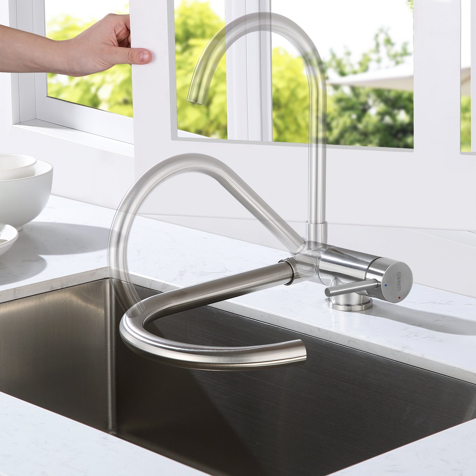 rubinetto da cucina estraibile ad alta pressione Lonheo rubinetto da cucina in acciaio inox con doccetta estraibile girevole a 360° 