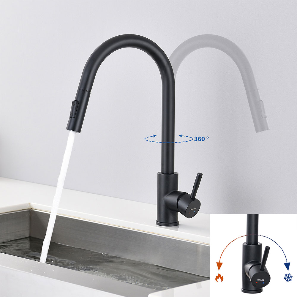 Rubinetto Cucina con Doccetta Estraibile 40CM Acciaio Inossidabile Nero 2  Funzioni Miscelatore Monocomando Per Lavello con Girevole a 360 e Acqua  Fredda e Calda