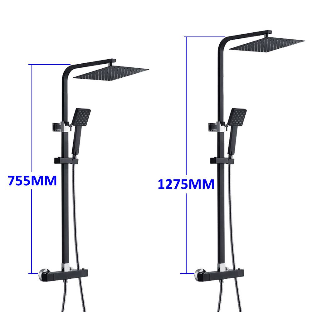 Auralum Columna de ducha Termostática 38ºC Negro Cuadrado Conjunto de Ducha  con 10 pulgadas Ducha Lluvia+Ducha de Mano con boquillas anticalcáreas,  Barra Ajustable 745-1295mm