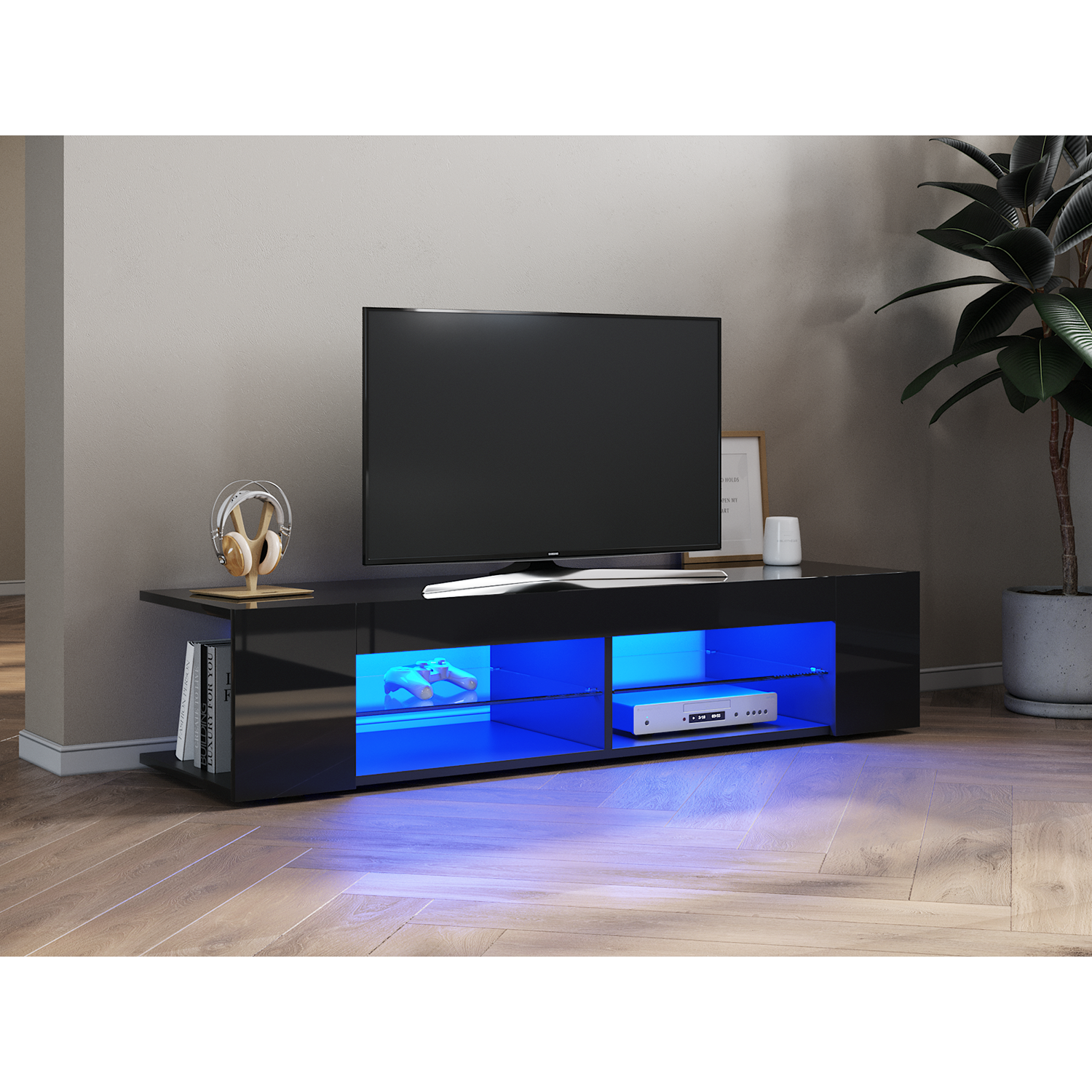 Bild 31 - TV Board Lowboard Unterschrank Schwarz Hochglanz Glasböden mit LED Beleuchtung