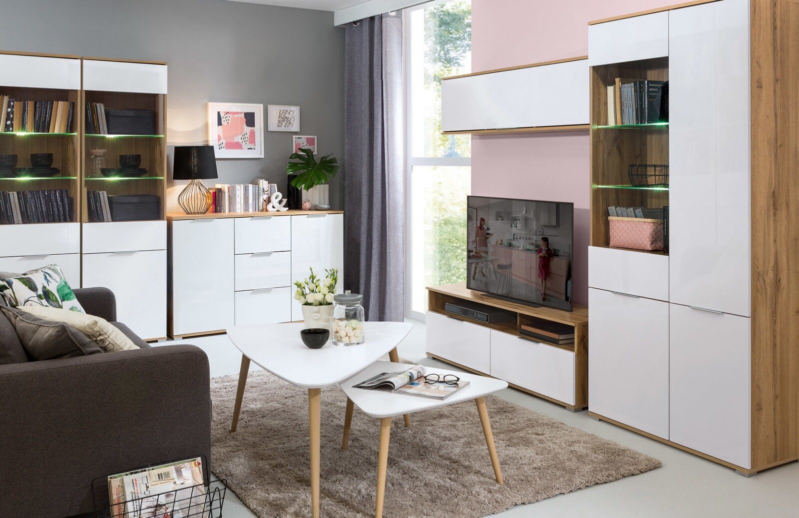 Wall Cabinet Unit Storage Bedroom Living Room White Gloss Oak Finish Modern Zele -Living Room Furniture Store