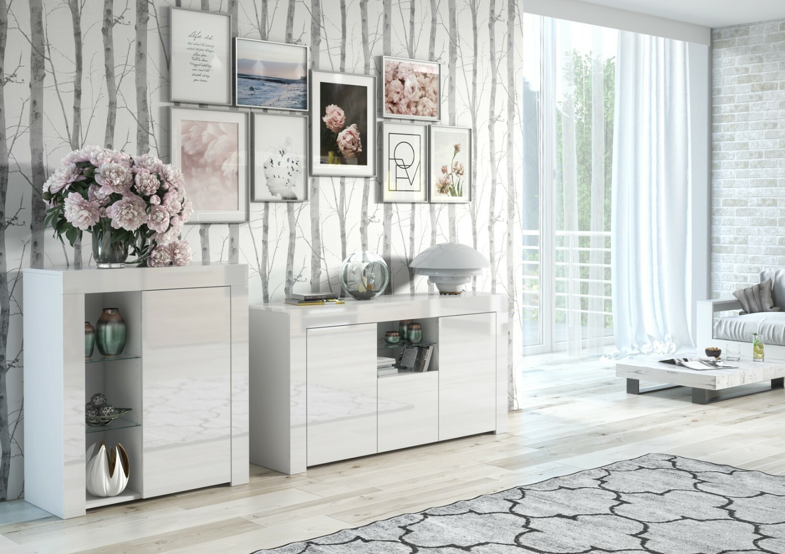 Glass Display Cabinet Unit Bookcase Shelving Storage Small Slim White Gloss Lily -Living Room Furniture Store