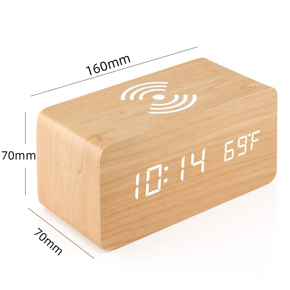 Réveil LED En Bois Hornbill – Chargeur Sans Fil, Commande Vocale, Température