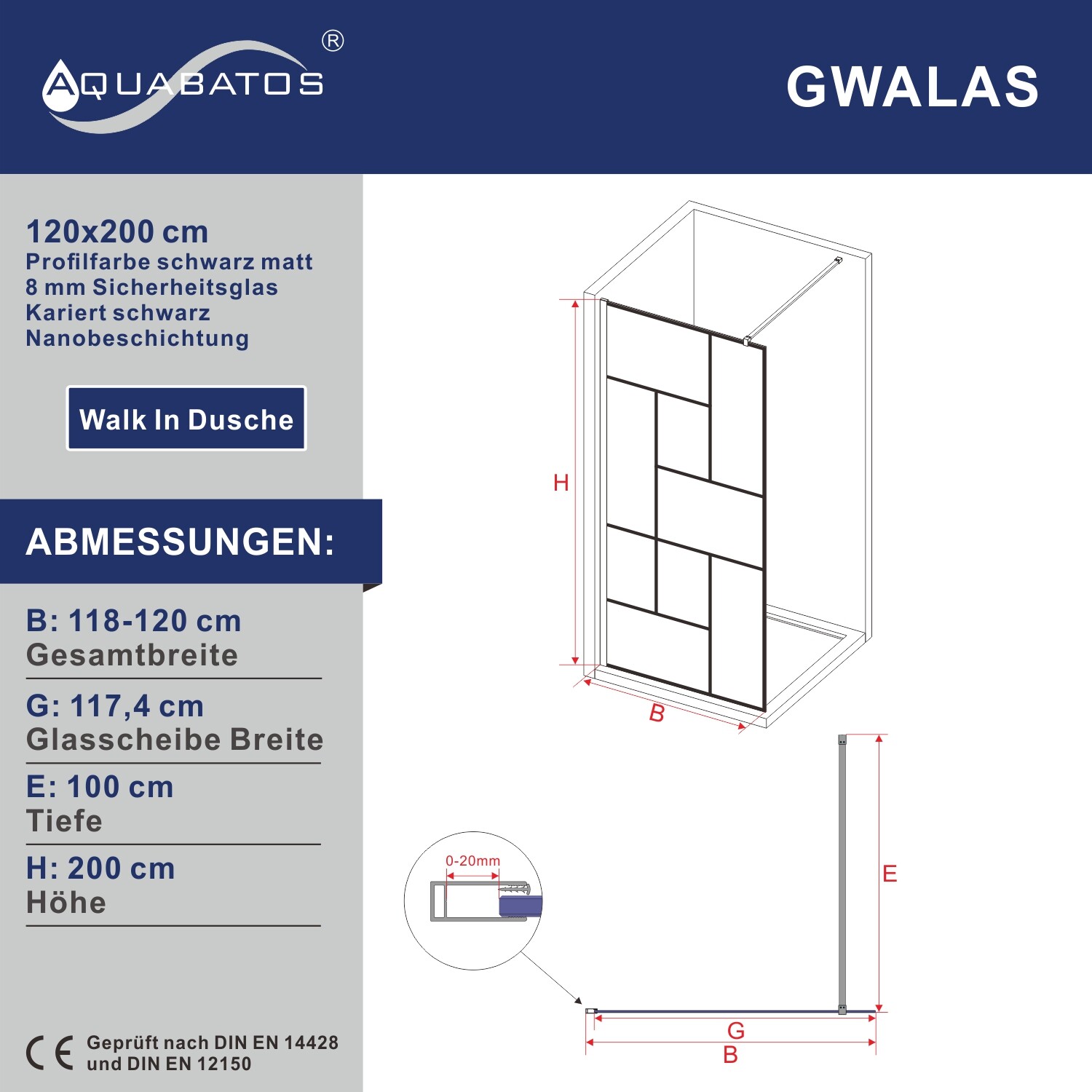Walk In Dusche Duschwand Duschtrennwand 120 cm