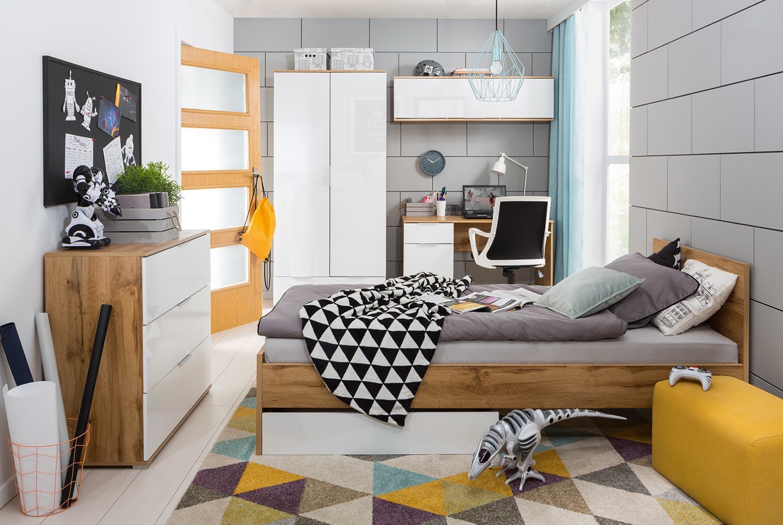 Wall Cabinet Unit Storage Bedroom Living Room White Gloss Oak Finish Modern Zele -Living Room Furniture Store