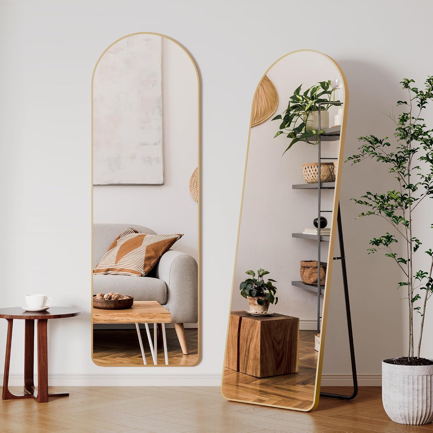 Specchio Da Pavimento A Figura Intera Ad Arco, 180x76 Cm – Grande Specchio Da Terra Con Supporto, In Lega Di Alluminio, Vetro Infrangibile HD, Nero/Oro
