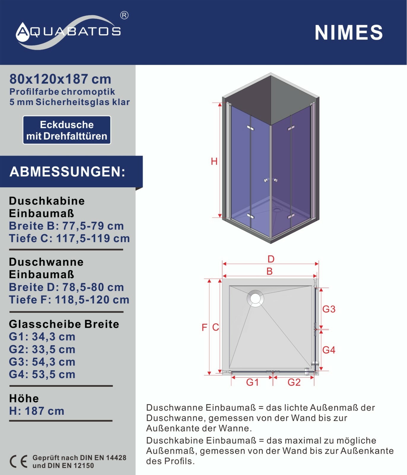 Duschkabine Falttür Pendeltür Duschabtrennung Duschwand Glas Eckdusche rahmenlos Faltbar klappbar Höhe 187 cm