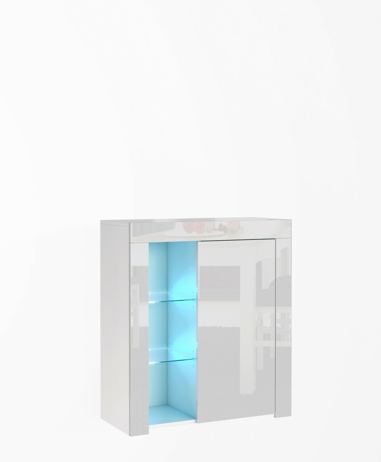 White Gloss Glass Display Cabinet Bookcase Shelving Unit Compact Smalll With Blue LED Light Lily -Living Room Furniture Store