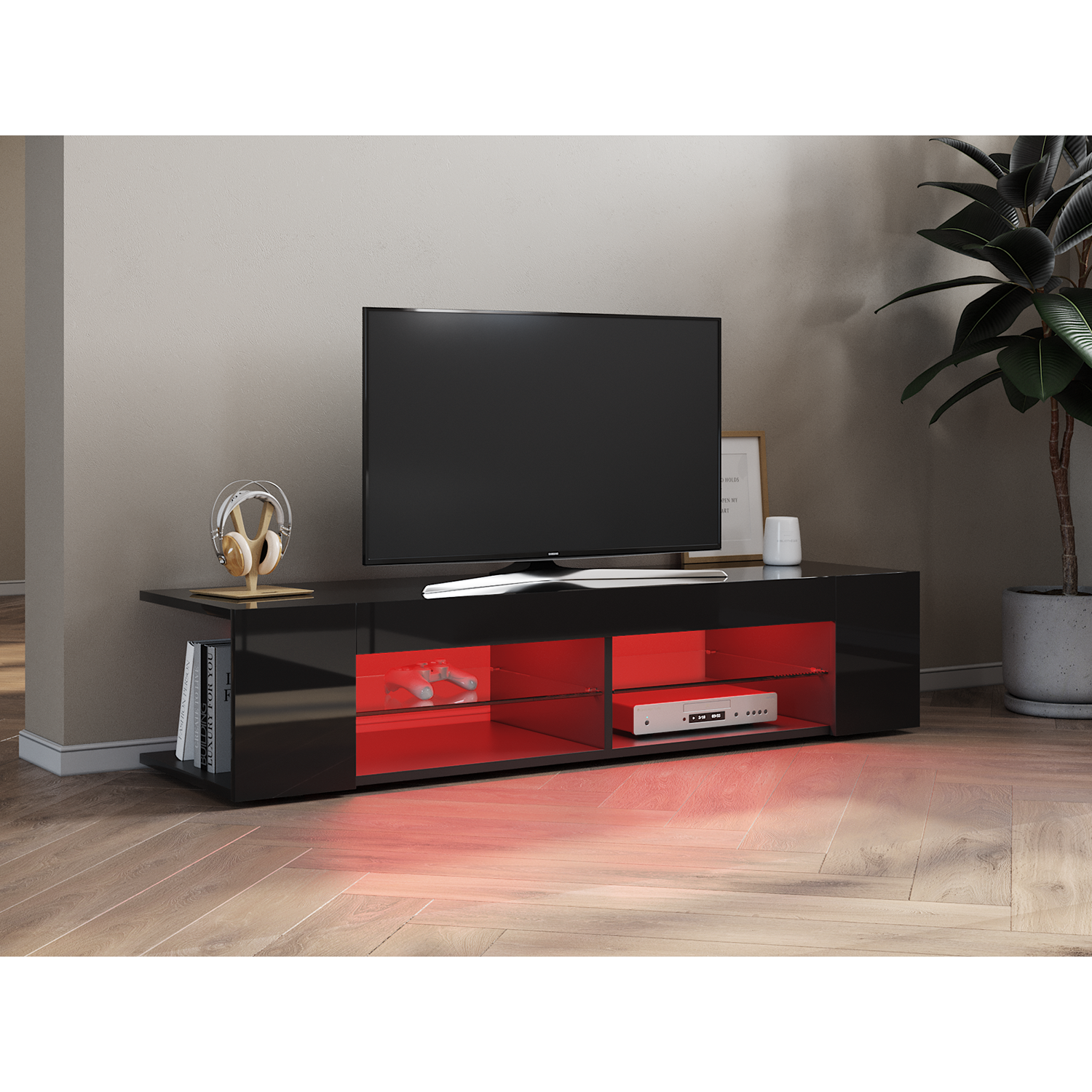 Bild 11 - TV Board Lowboard Unterschrank Schwarz Hochglanz Glasböden mit LED Beleuchtung
