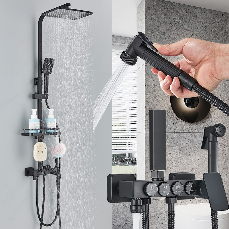 Columna De Ducha Negra Conjunto De Ducha Con Repisa De Baño, Teleducha -Mundo Ducha