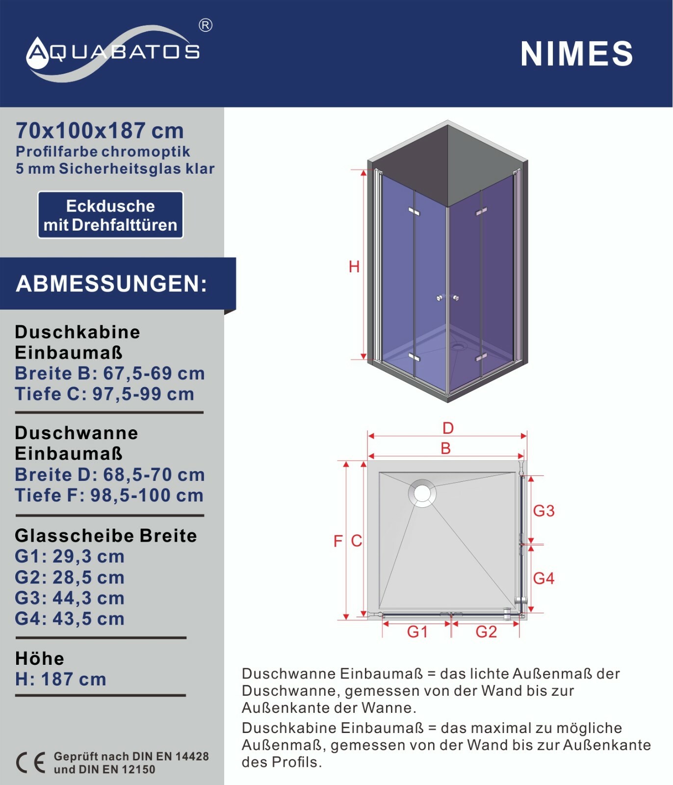 Duschkabine Falttür Pendeltür Duschabtrennung Duschwand Glas Eckdusche rahmenlos Faltbar klappbar Höhe 187 cm
