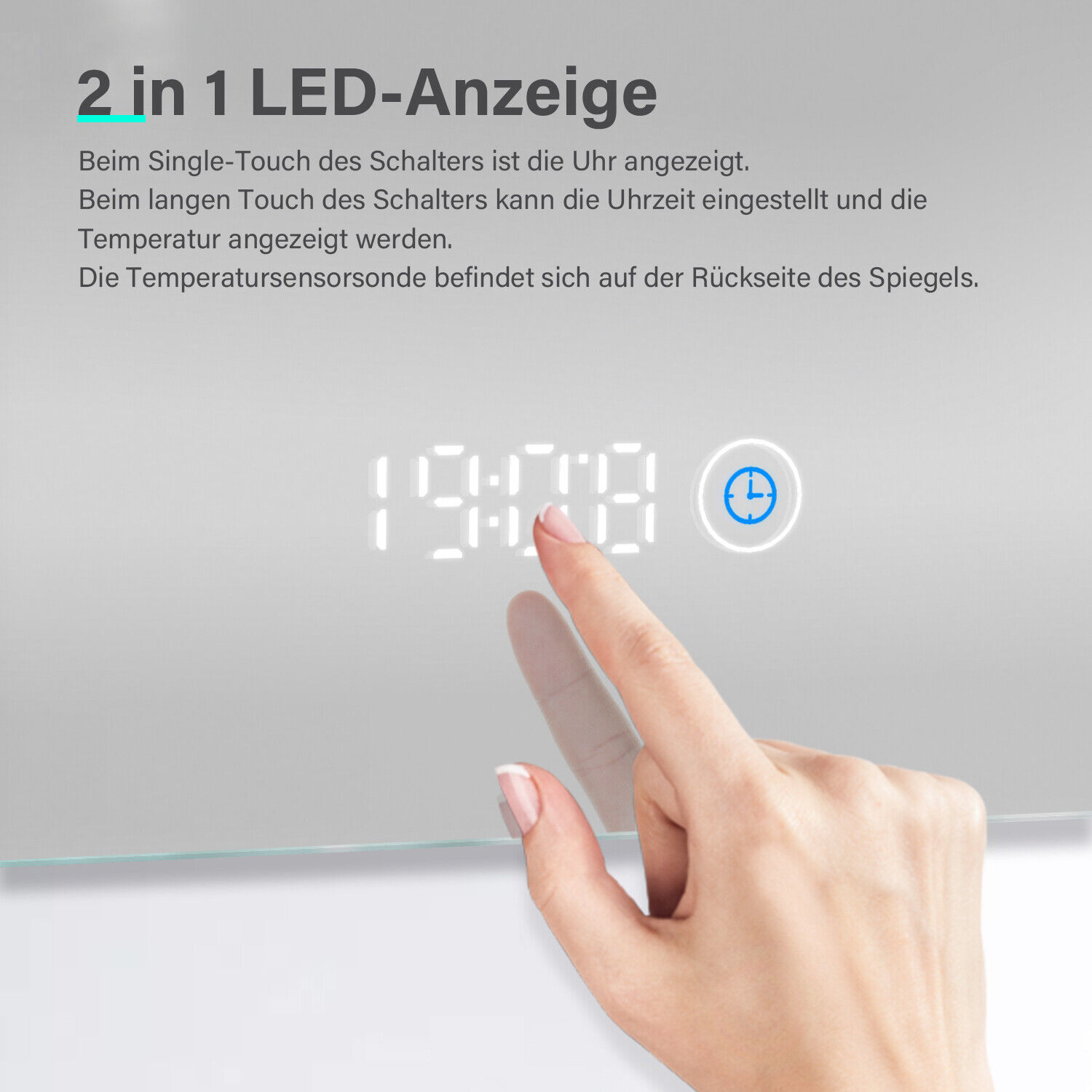 Bild 3 - Badspiegel mit LED Beleuchtung Touch Uhr 120x60 Temperatur Wandspiegel Spiegel