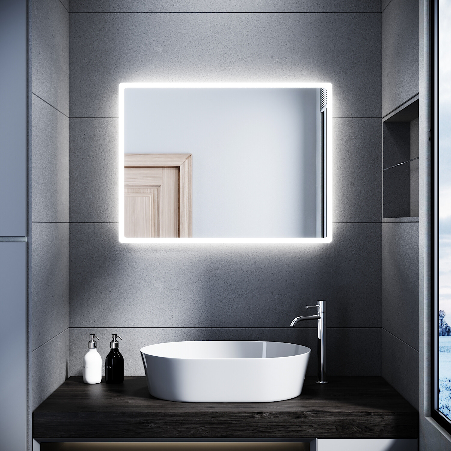 Bild 2 - Badspiegel mit LED Beleuchtung 80x60 Badezimmer spiegel Wandspiegel Lichtspiegel