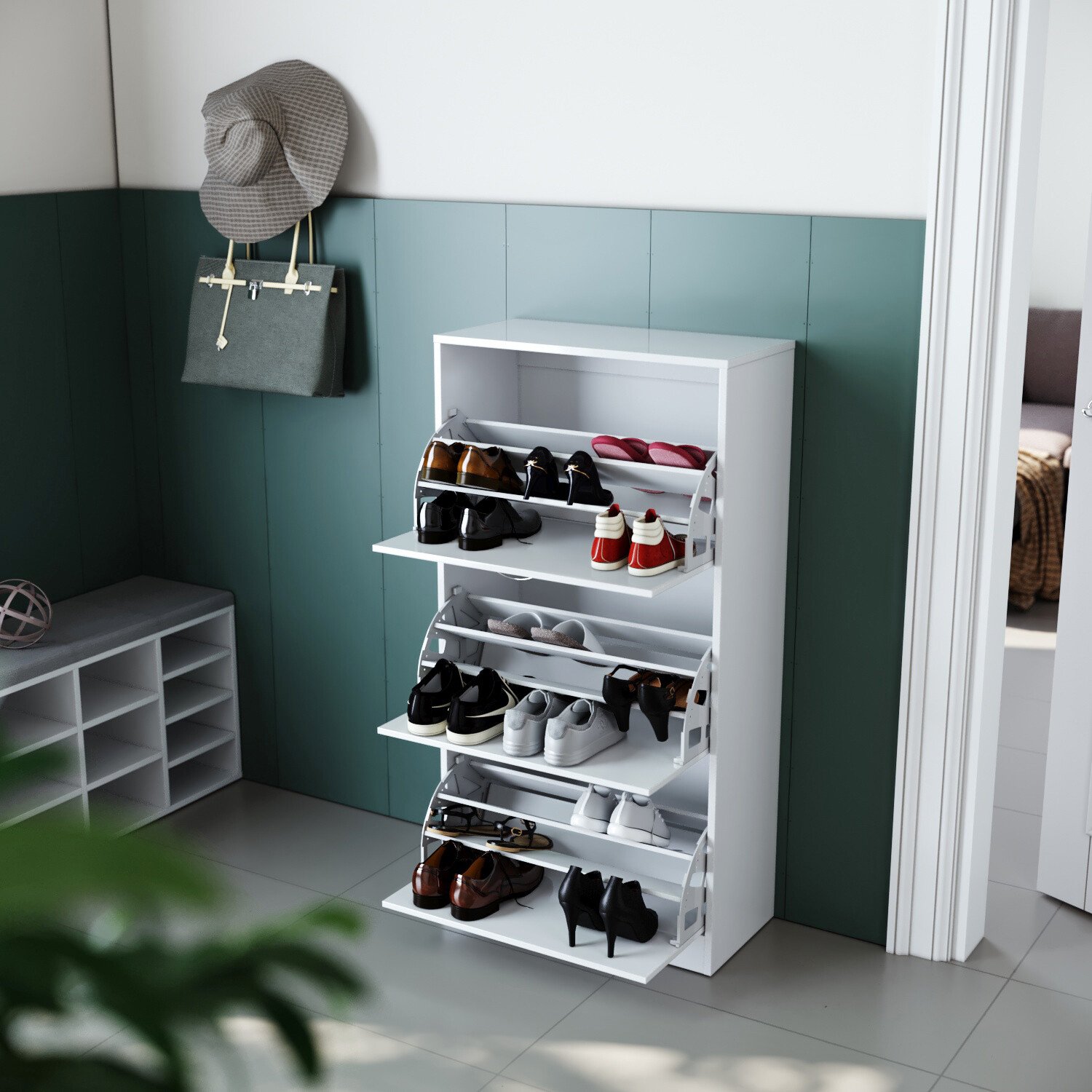 SONNI Schuhschrank schmal weiß 3 Fächer Schuhkipper Schuhregal Regal