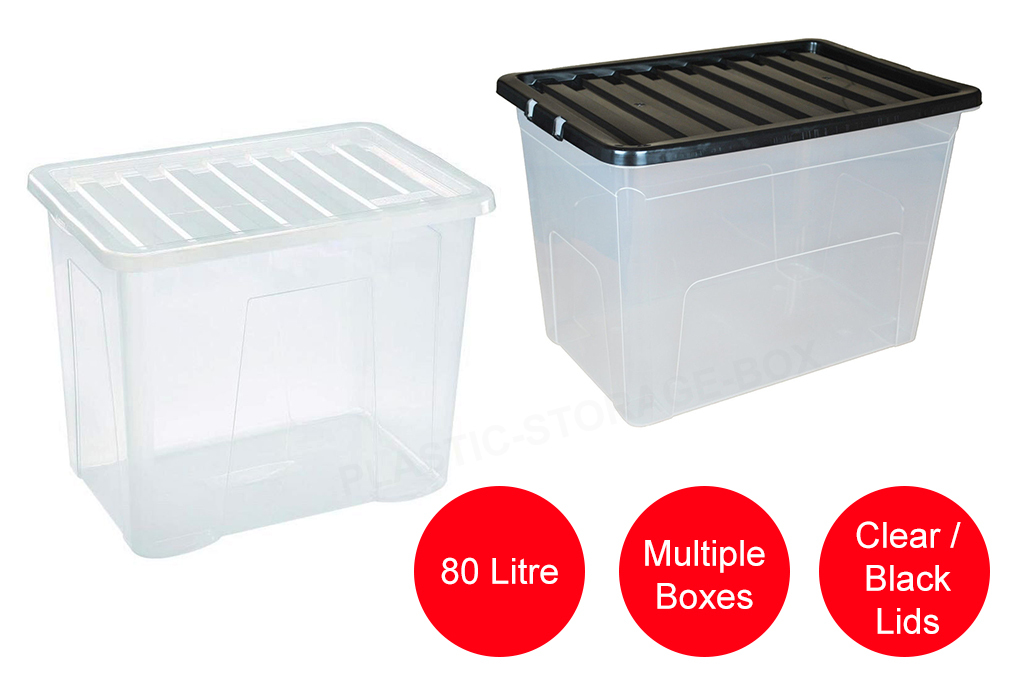 Viss MULTI PACKS OFF 80 LITRE PLASTIC STORAGE BOX - BLACK LID - NEW STRONG BOX -Vonshef shop