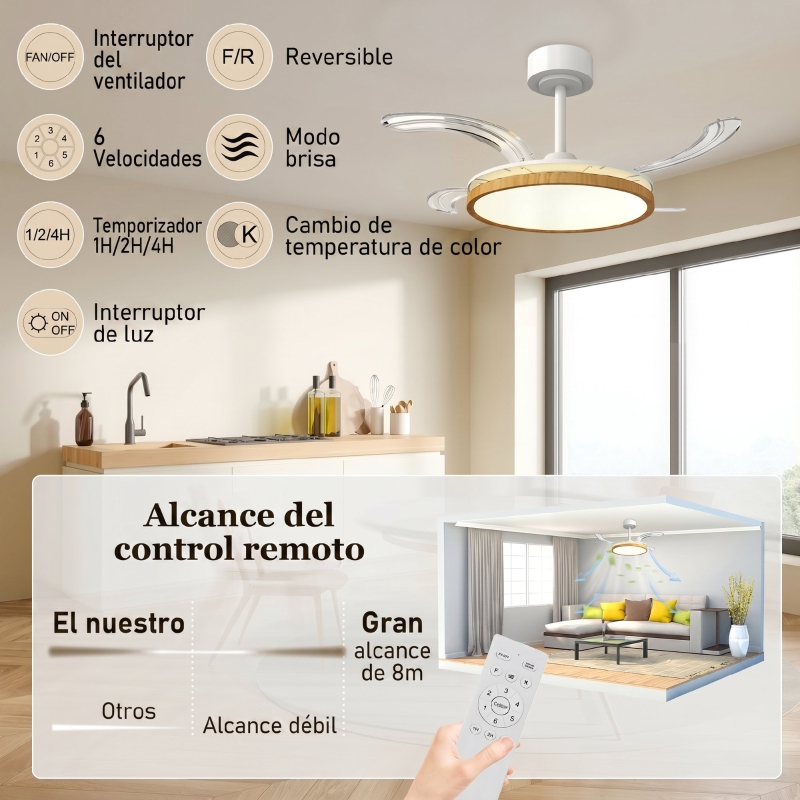 Ventilador de Techo con Luz LED 80 W Motor DC Reversible Mando a Distancia 6 Velocidades Temporizador Ø95 cm Natural