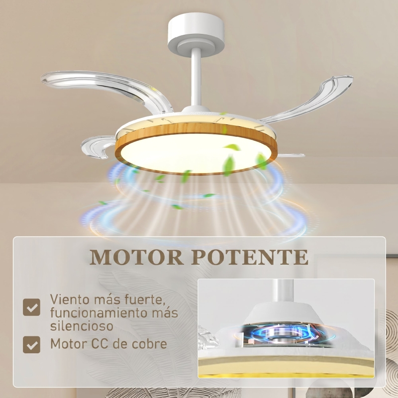 Ventilador de Techo con Luz LED 80 W Motor DC Reversible Mando a Distancia 6 Velocidades Temporizador Ø95 cm Natural