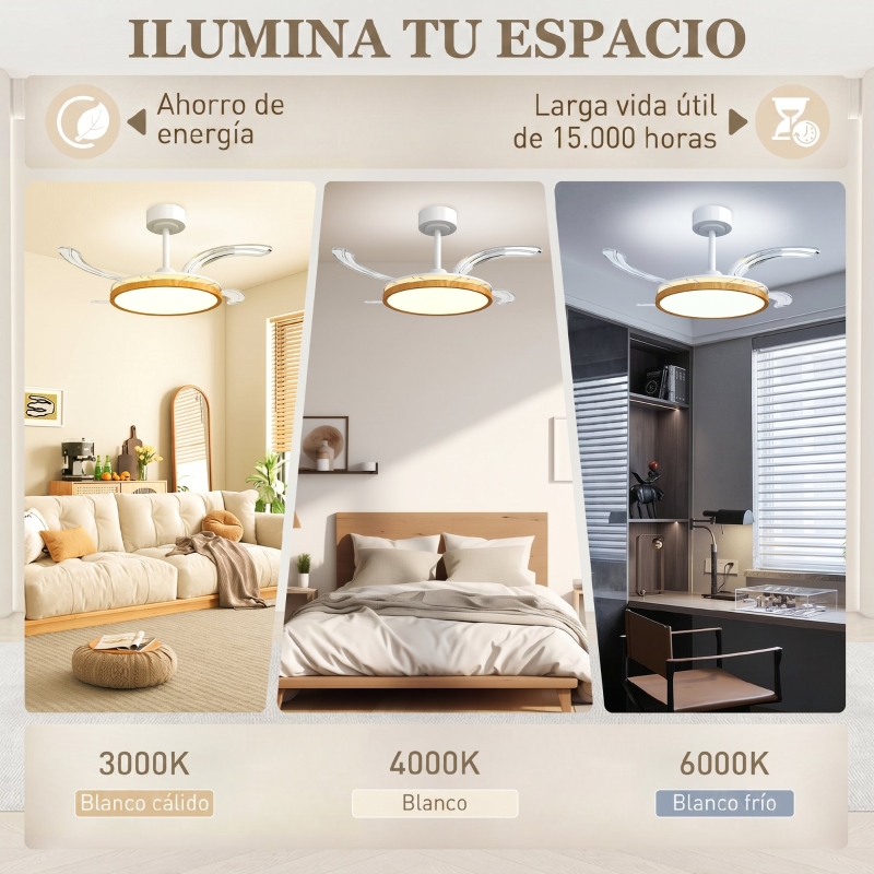 Ventilador de Techo con Luz LED 80 W Motor DC Reversible Mando a Distancia 6 Velocidades Temporizador Ø95 cm Natural