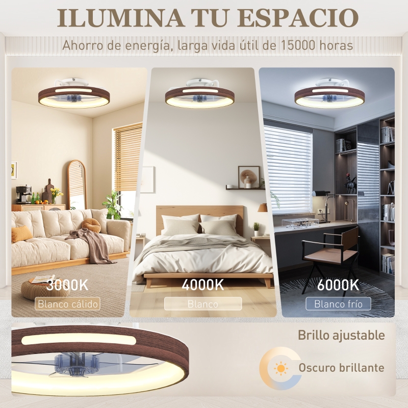 Ventilador de Techo con Luz LED 40 W Motor DC Reversible Mando a Distancia 6 Velocidades 3 Colores Temporizador Teca