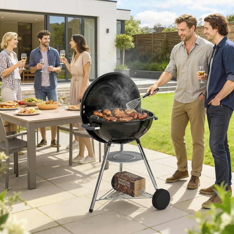 barbecue a carbone con griglia esterna rotonda, coperchio, termometro e ruote, Nero
