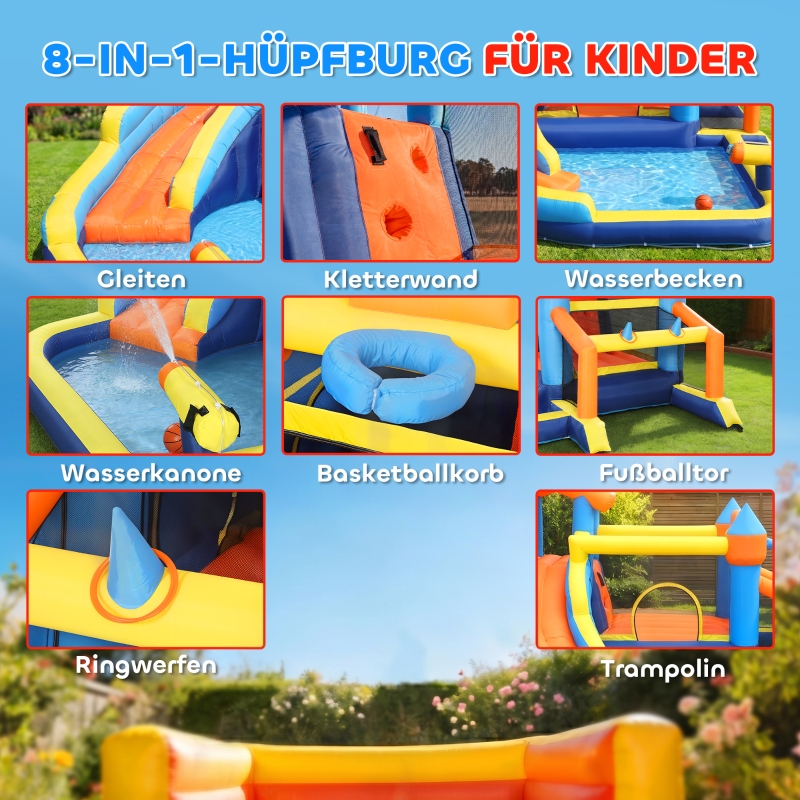 8-in-1 Hüpfburg mit Gebläse Rutsche Planschbecken Trampolin Kletterwand für Indoor Outdoor 350x325x210cm Mehrfarbig
