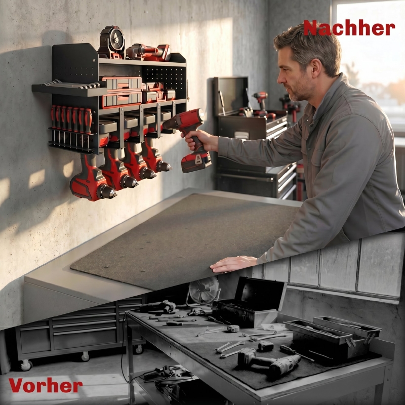 Gartenwerkzeug-Organizer 2-stufig Gartengeräte Ständer mit Haken Seitenfach bis 50 kg 61,8 x 23 x 32,7cm Schwarz