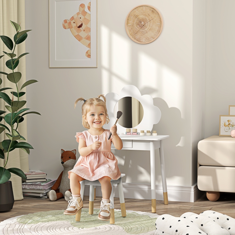 Ensemble coiffeuse pour enfant avec tabouret, coiffeuse 2 pièces pour enfants de 3 à 6 ans, miroir forme de nuage, blanc