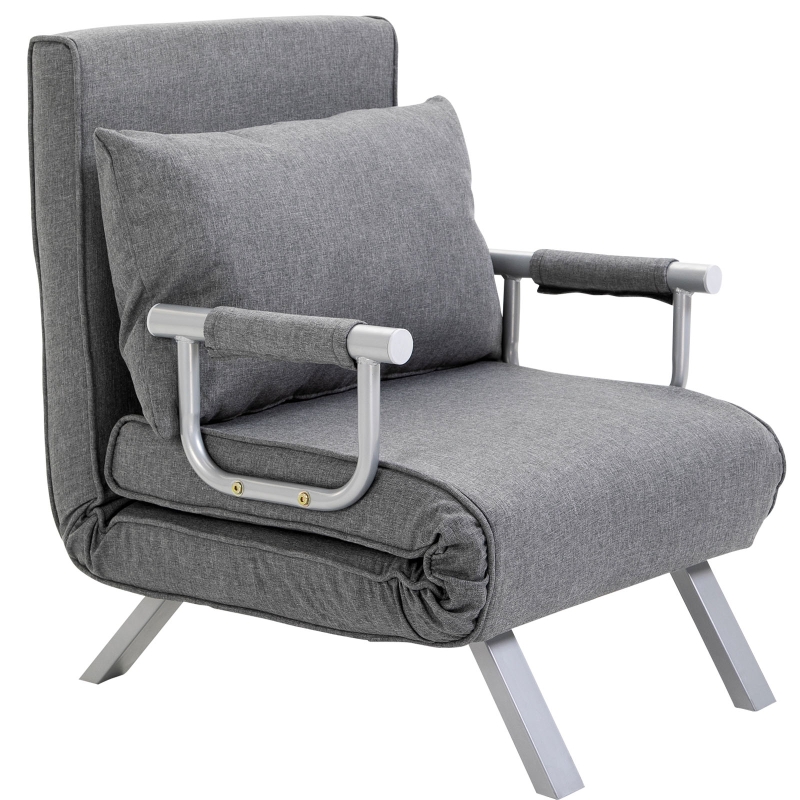 HOMCOM Fauteuil chauffeuse canapé-lit Convertible 1 Place déhoussable Grand Confort Coussin Pieds accoudoirs métal Lin Gris Clair